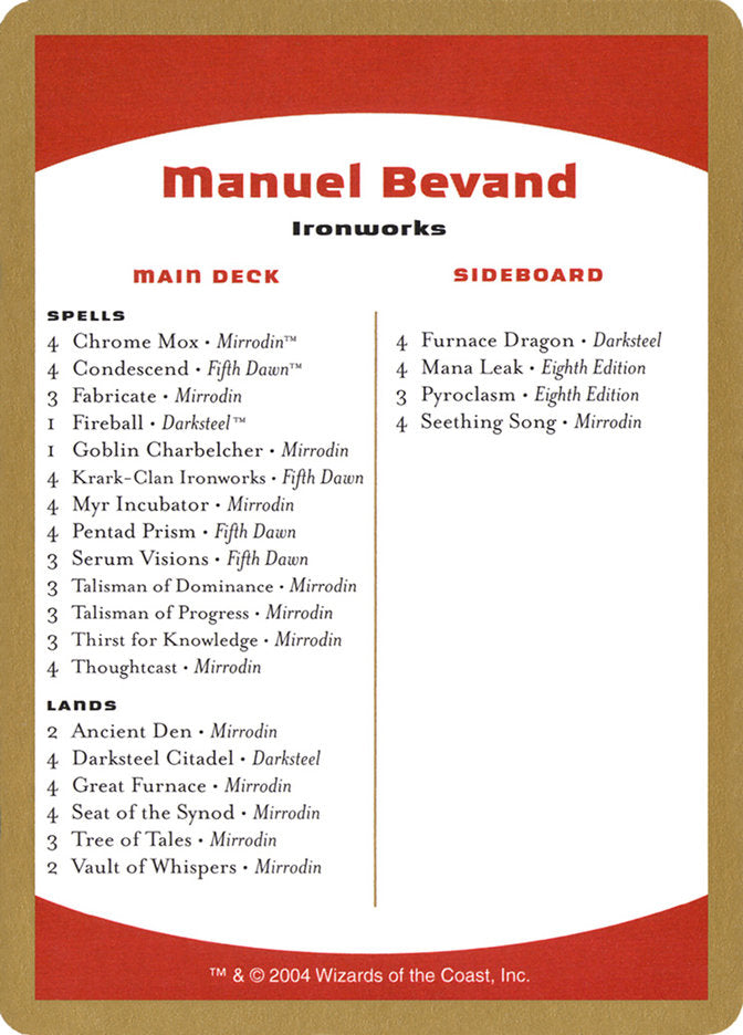 Manuel Bevand Decklist [World Championship Decks 2004] | Fandemonia Ltd