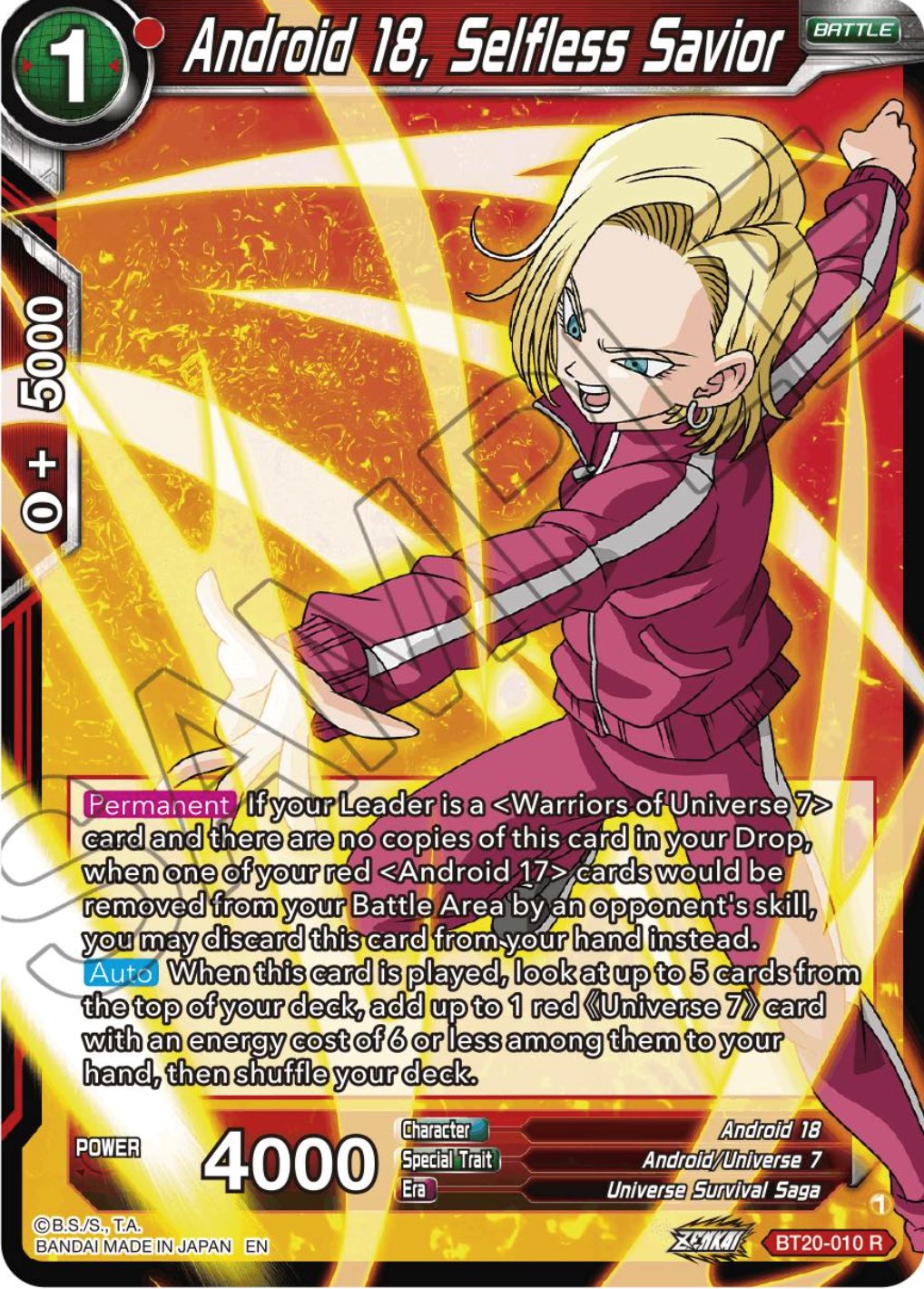 Android 18, Selfless Savior (BT20-010) [Power Absorbed] | Fandemonia Ltd