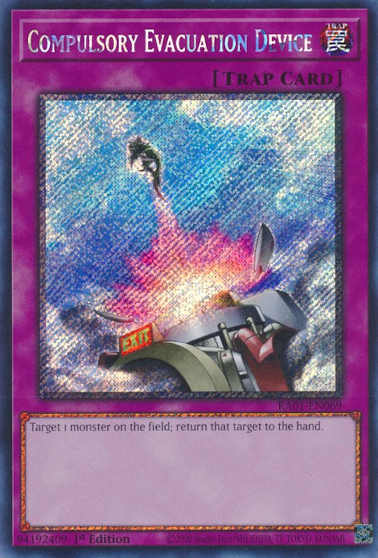 Compulsory Evacuation Device [RA01-EN069] Platinum Secret Rare | Fandemonia Ltd