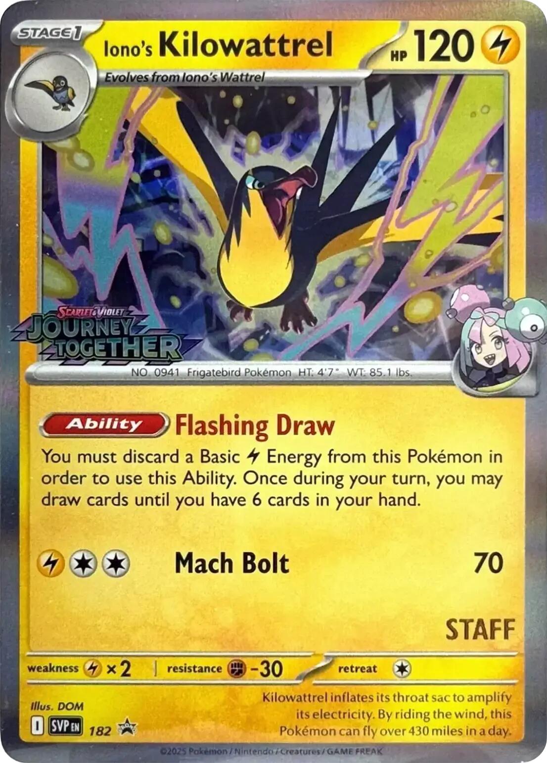 Iono's Kilowattrel (182) (Prerelease Staff) [Scarlet & Violet: Black Star Promos] | Fandemonia Ltd