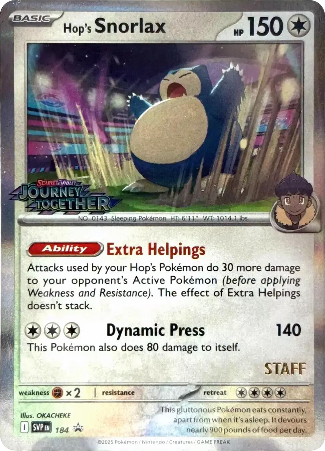Hop's Snorlax (184) (Prerelease Staff) [Scarlet & Violet: Black Star Promos] | Fandemonia Ltd