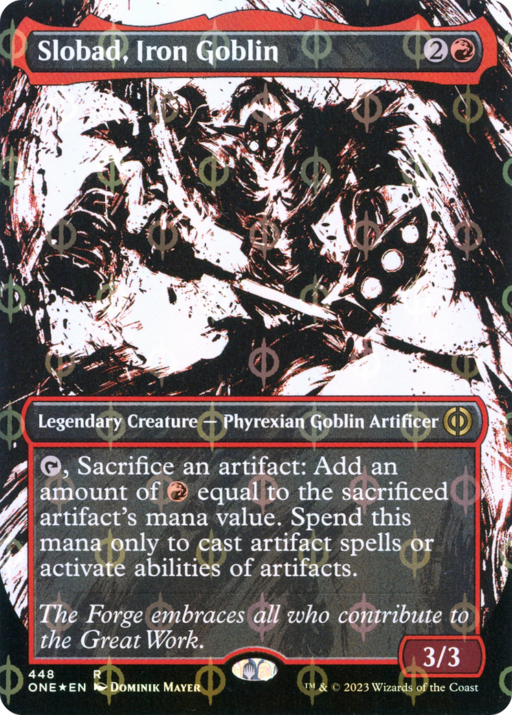 Slobad, Iron Goblin (Borderless Ichor Step-and-Compleat Foil) [Phyrexia: All Will Be One] | Fandemonia Ltd
