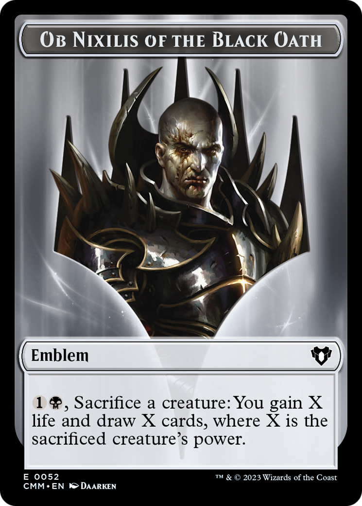 Clue // Ob Nixilis of the Black Oath Emblem Double-Sided Token [Commander Masters Tokens] | Fandemonia Ltd