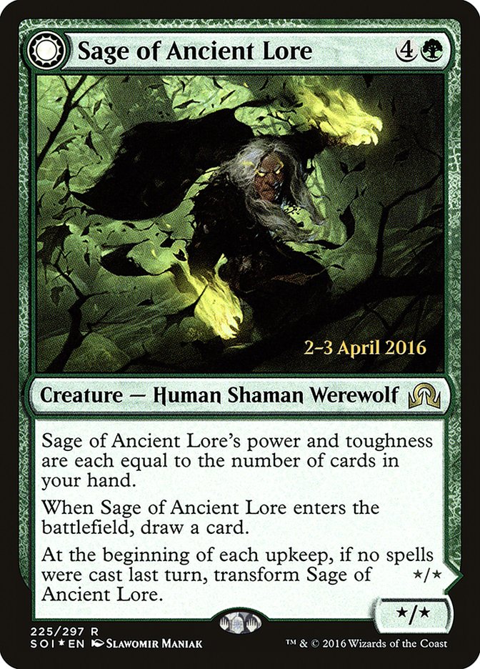 Sage of Ancient Lore // Werewolf of Ancient Hunger [Shadows over Innistrad Prerelease Promos] | Fandemonia Ltd