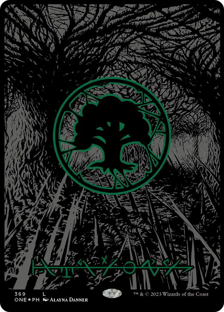 Forest (369) (Oil Slick Raised Foil) [Phyrexia: All Will Be One] | Fandemonia Ltd