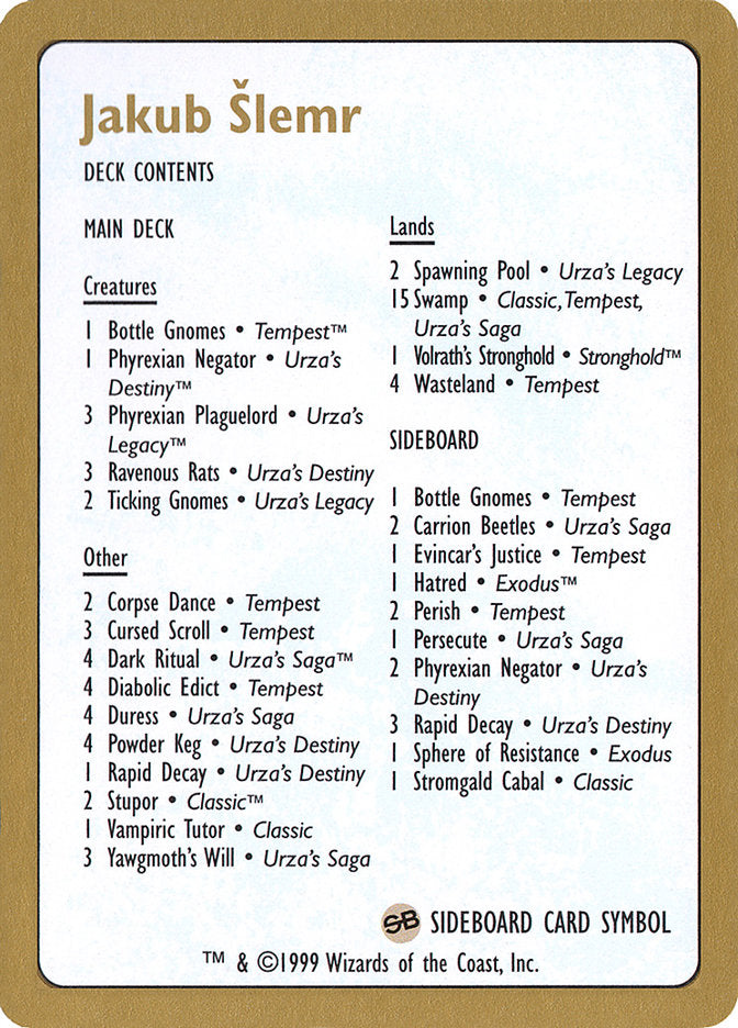 Jakub Šlemr Decklist [World Championship Decks 1999] | Fandemonia Ltd