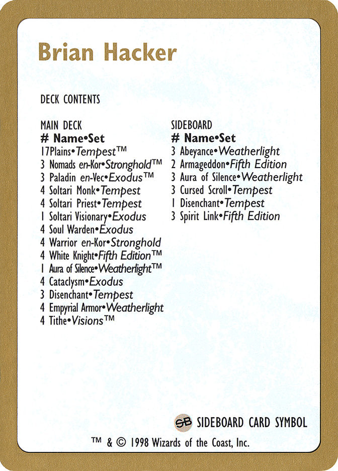 Brian Hacker Decklist [World Championship Decks 1998] | Fandemonia Ltd